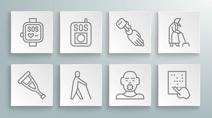 Set line Crutch or crutches, Press the SOS button, Blind human holding stick, Head of deaf and dumb, Braille, Prosthesis hand, Grandmother and Smart watch icon. Vector