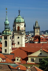 Fototapeta premium Overhead view of the Old Town, Prague, Czech Republic, with religious architecture