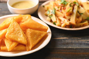 Deep fried Burmese tofu and spicy fresh Burmese tofu salad, Tai Yai food in Northern of Thailand