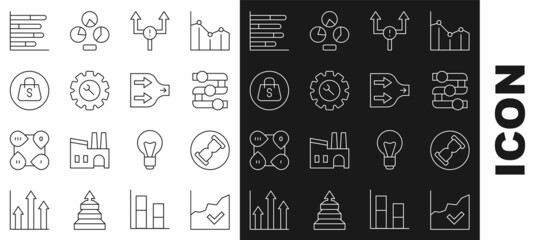 Set line Financial growth increase, Old hourglass with sand, Graph, chart, diagram, Arrow, Wrench gear, Shopping bag Sale, Pie infographic and icon. Vector
