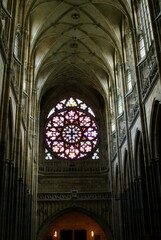 Stained glass window in St Vitus Cathedral in the Prague Castle complex in Prague, Czech Republic