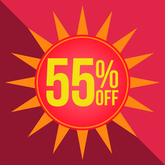55 percent off. Discount for Promotions. Yellow ballow on a red background - Star