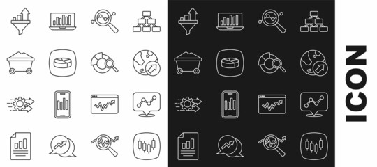 Set line Browser with stocks market, Graph chart infographic, Financial growth, Search data analysis, Pie, Coal mine trolley, Sales funnel and icon. Vector