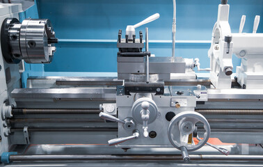 Metalworking. Close-up of lathe turning machine in industrial factory