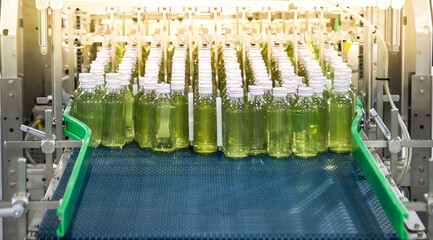 Conveyor with bottles for juice or water in factory interior of beverage plant.