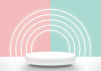 Stage podium decorated with neon lighting. Pedestal scene with for product display on pink and green pastel background. Bicolor background. Minimal style. Vector illustration.