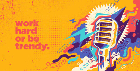 Colorful background in abstract style with retro microphone and splashing shapes. Vector illustration. - obrazy, fototapety, plakaty