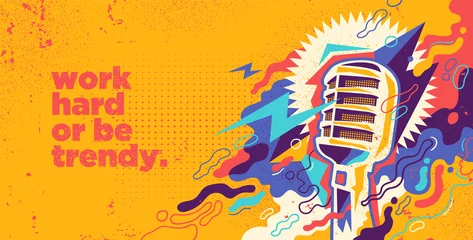 Fototapeten Colorful background in abstract style with retro microphone and splashing shapes. Vector illustration. © Radoman Durkovic