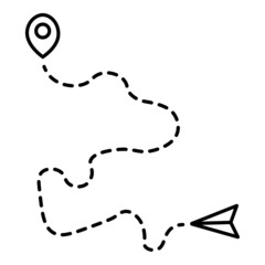 Paper airplane icon. Location sign. Way line. Travel symbol. Outline design. Simple art. Vector illustration. Stock image. 