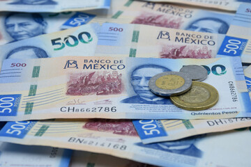 Mexican bills and coins, mexican pesos money, coins and bank notes