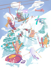 funny cats are engaged in winter sports