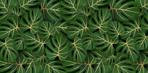 illustration of a philodendron leaves tropical seamless pattern, close up a plant green background, applicable for banner, sign, fabric print, textile linen printing, elegant wallpaper plants floral,  © DJOE n REIZ