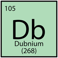 Dubnium chemical sign. Mendeleev table symbol. Education concept. Mint background. Vector illustration. Stock image. 
