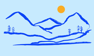 a simple line brush stroke painting in a Japanese calligraphy style. a mountain illustration in a winter color theme. a landscape vector for print, wall art, etc.