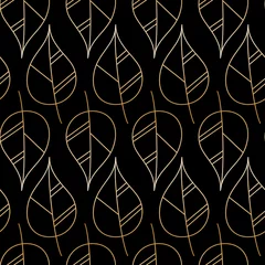 Stof per meter Sierlijk bloemenpatroon met gouden gradiëntcontourbladeren op zwarte achtergrond. Voor textiel- en papierdesign © Eugene Yakimova