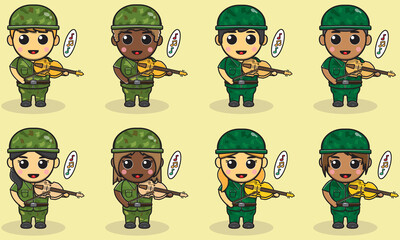 Vector illustration cartoon of cute Soldier playing Violin. Set of soldiers. Cute Army cartoon. flat cartoon character design. Soldiers Isolated vector illustration.