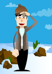 Fototapeta premium Funny cartoon man dressed for winter confused, scratching his head. Vector illustration.