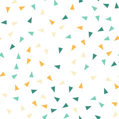 Seamless pattern with triangles. Abstract geometric pattern with blue, orange and pink triangles. Random, chaotic background with cute confetti.