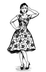 Pretty woman in vintage dress. Ink black and white drawing