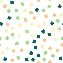 Seamless pattern with squares. Abstract geometric pattern with green and beige squares. Random, chaotic background with cute confetti.