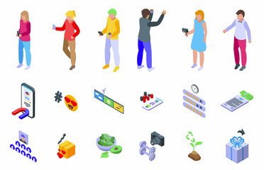 Influencer icons set isometric vector. Video subscribe. Content view