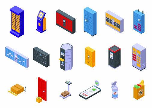 Self-service parcel delivery icons set isometric vector. Automat locker. Parcel station
