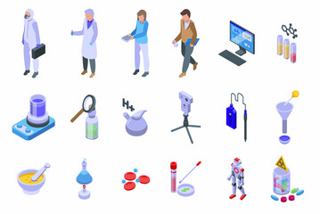 Laboratory research icons set isometric vector. Science dna. Chemistry microscope