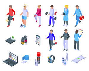Sports doctor icons set isometric vector. Therapy injury. Hospital doctor