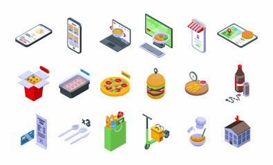 Online food ordering icons set isometric vector. Delivery drink. Tasty food
