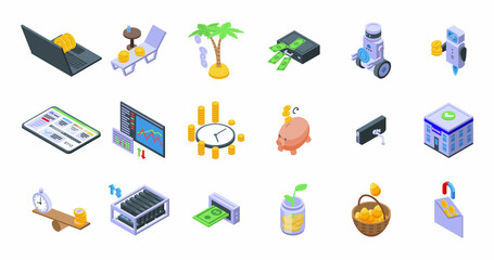 Passive income icons set isometric vector. Money fund. Invest budget
