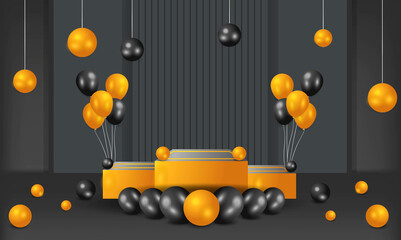 Black Elegant 3D Podium balloon and balls back drop vector background