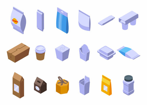 Snack pack icons set isometric vector. Candy bag. Soda bottle