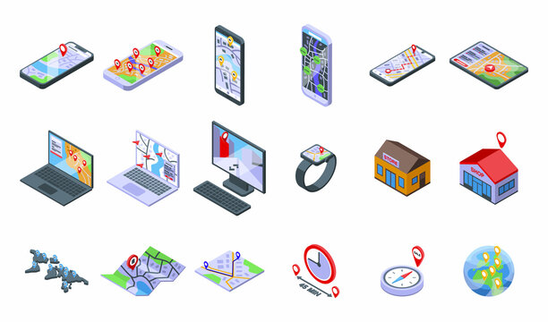 Store locator icons set isometric vector. Office travel. Area map