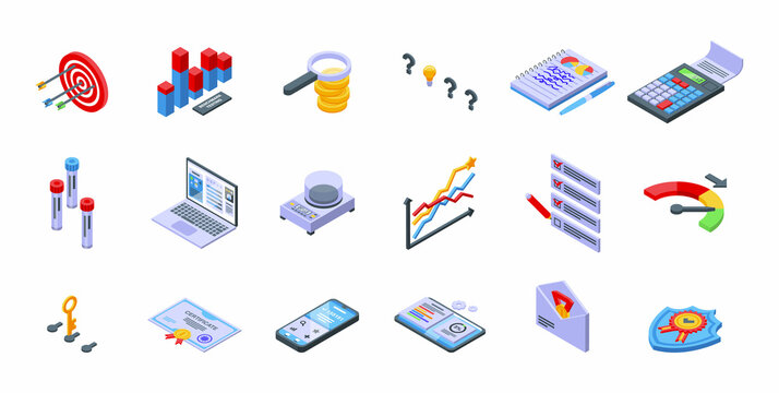 Benchmark Testing Icons Set Isometric Vector. Aspekt Expertise. Verification Raiting