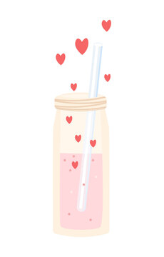 Bottle with magic pink love drink. Love potion with hearts isolated on white background, flat illustration. Vector illustration.