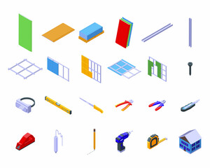 Drywall icons set isometric vector. House brush. Plasterboard construction