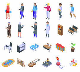 University department icons set isometric vector. Student campus. Examination learner