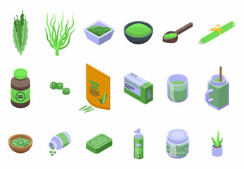 Spirulina icons set isometric vector. Plant seaweed. Aqua algae