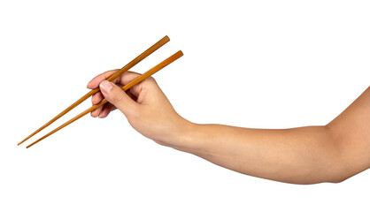 Person 's right hand using bamboo chopsticks isolated white background