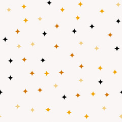 Seamless pattern with stars. Abstract geometric pattern with black, brown, yellow, beige and gold stars. Random, chaotic pastel background with cute sequins.