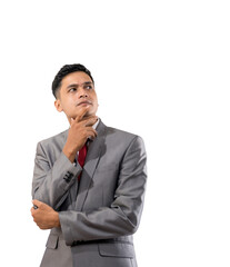 businessman thinking while looking up to copyspace