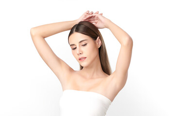 Beautiful Young Asian woman lifting hands up to show off clean and hygienic armpits or underarms on white background, Smooth armpit cleanliness and protection concept - obrazy, fototapety, plakaty