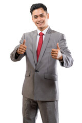 successful businessman showing thumbs up at camera isolated on white