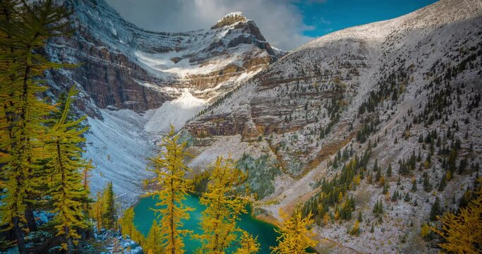 Timelapse, clouds and shadows moving above snow capped peaks, glacier and lake. Banff National Park Lake Agnes, Canada
