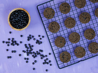 top view collection of Chocolate chip cookies on cooling rack. teatime morning activities