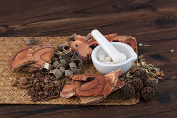 A pile of prepared Chinese herbal medicines and a medicine mortar