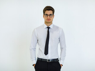 Portrait isolated studio cutout shot of Caucasian success professional male businessman employee in formal business outfit and necktie standing smiling crossed arms look at camera on white background.