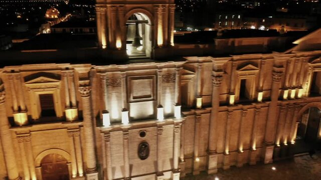 Arequipa cathedral at night drone