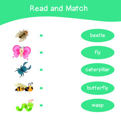 Read and match worksheet game. English alphabet with cartoon animals set. Matching words with images using funny insect animals for kids. Bugs collections. Vector illustration.