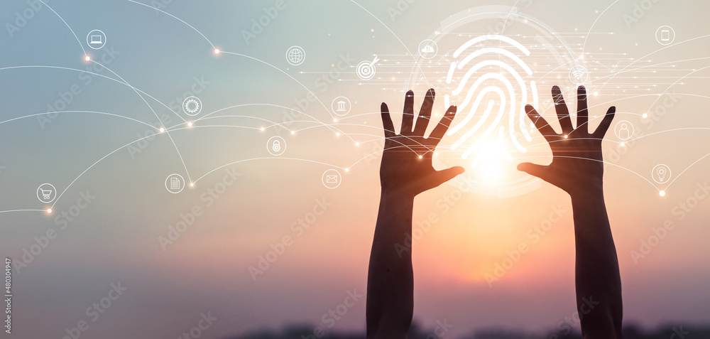 Poster Abstract palm hands touching fingerprint identification to access personal data. Global network connections, Biometrics security, innovation technology against digital cyber crime.